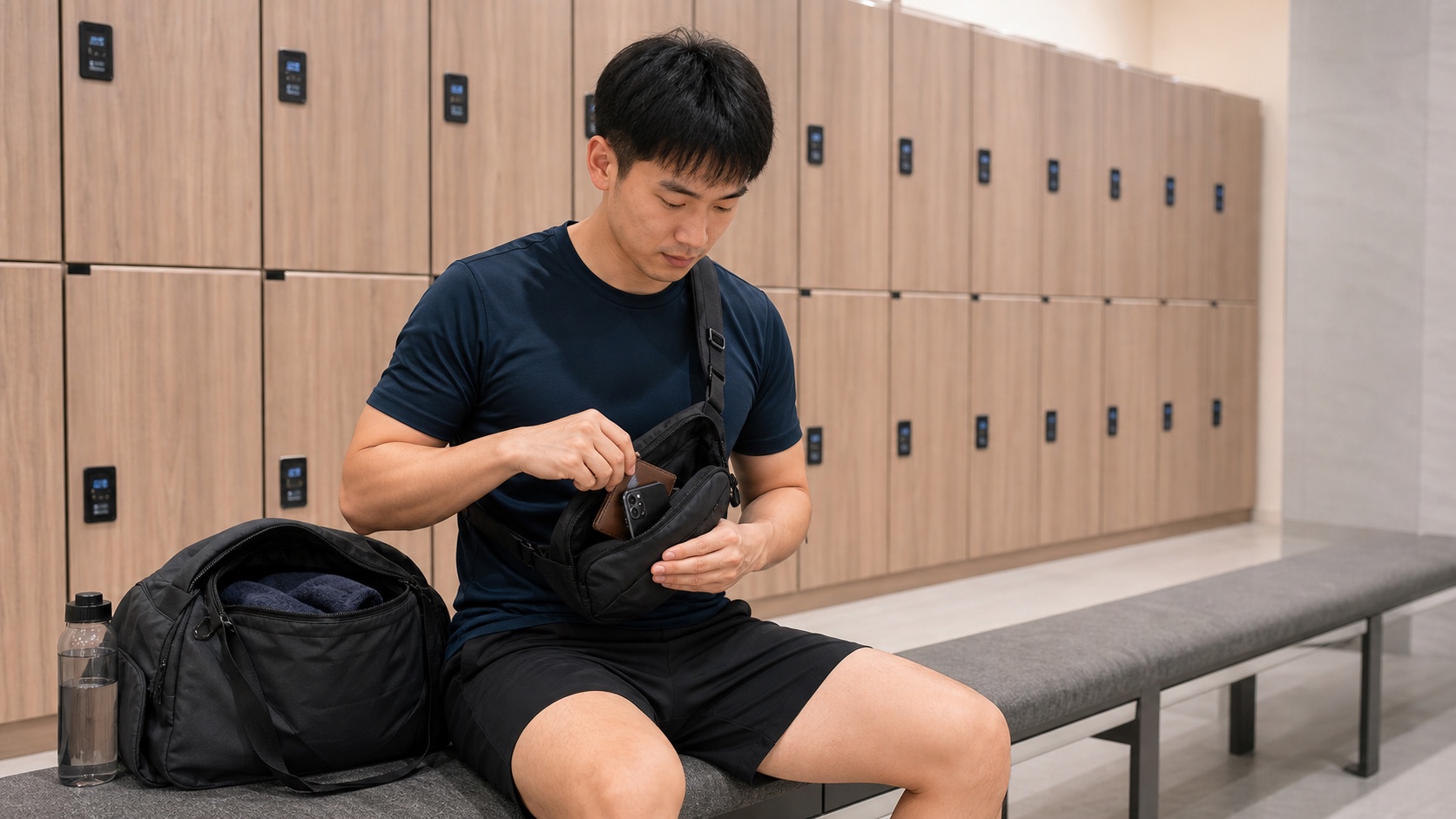 運動者在滿櫃的置物區將手機與錢包收進隨身小包的情境示意