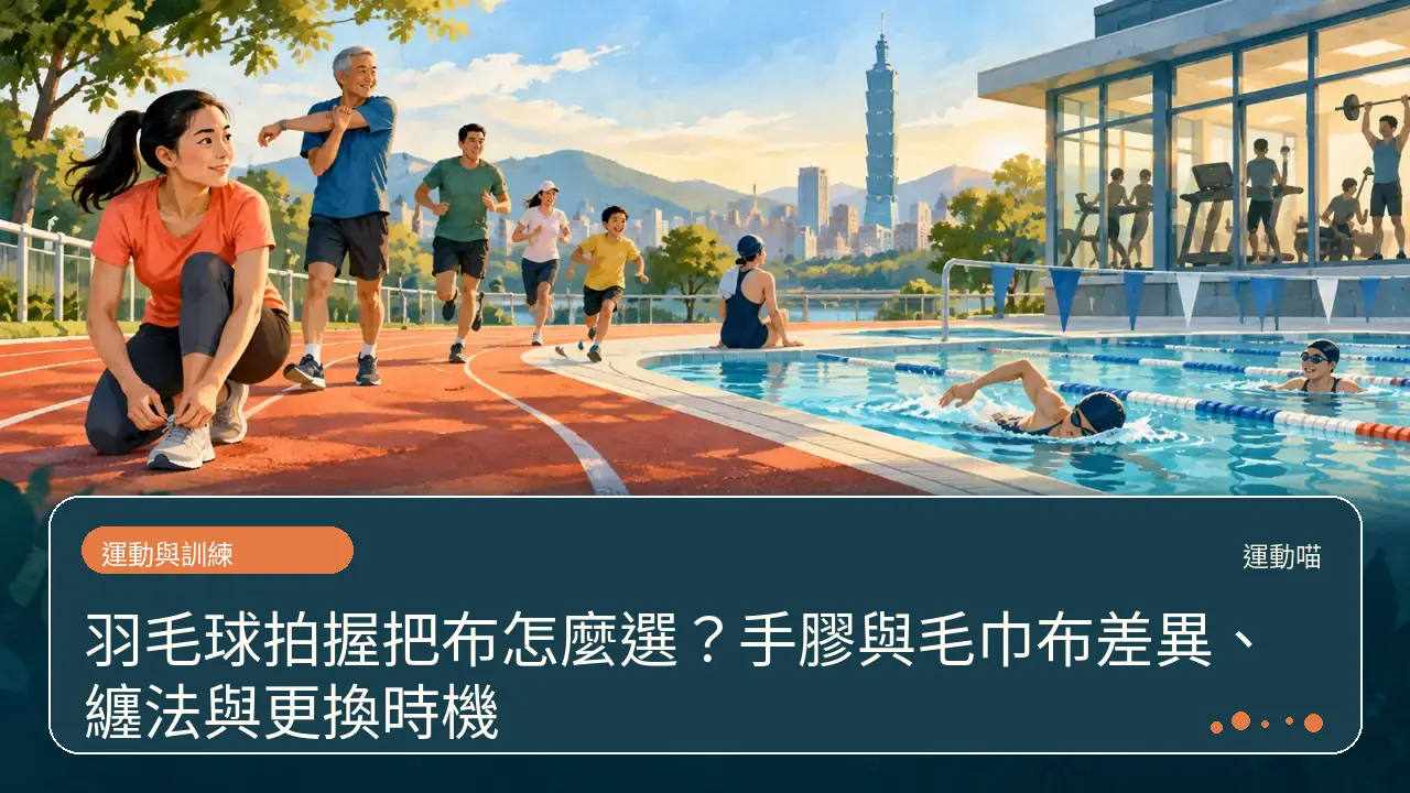 羽毛球拍握把布怎麼選？手膠與毛巾布差異、纏法與更換時機主題插畫