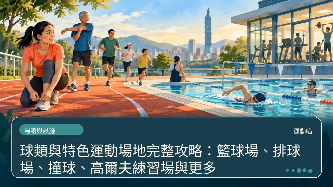 球類與特色運動場地完整攻略：籃球場、排球場、撞球、高爾夫練習場與更多主題插畫