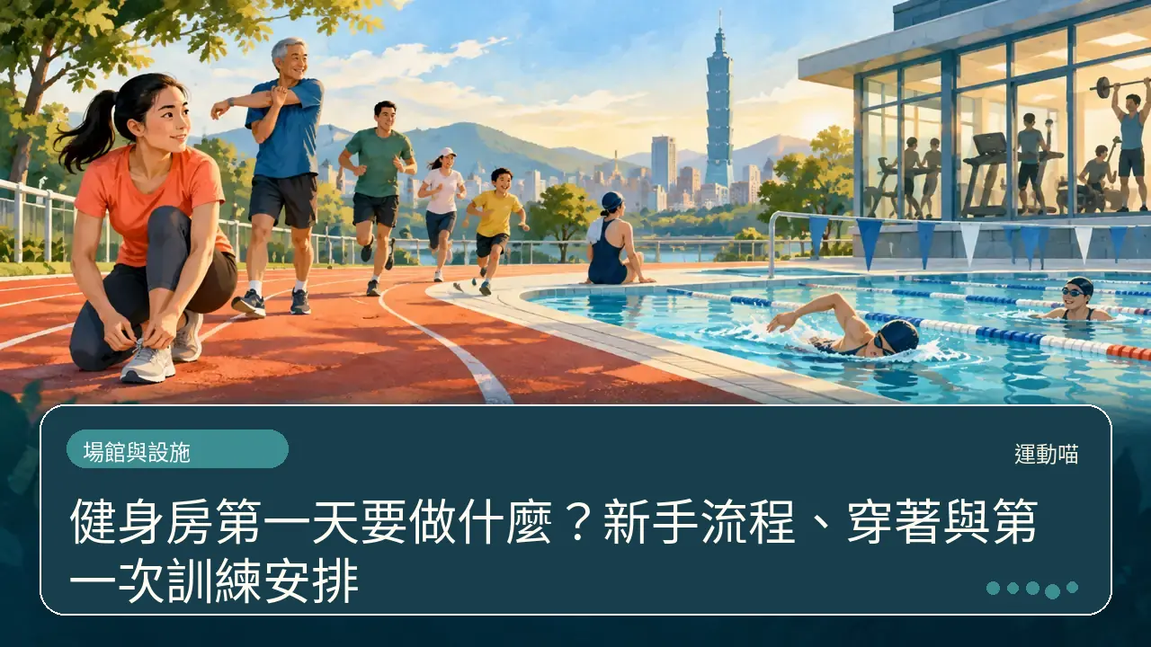 健身房第一天要做什麼？新手流程、穿著與第一次訓練安排主題插畫