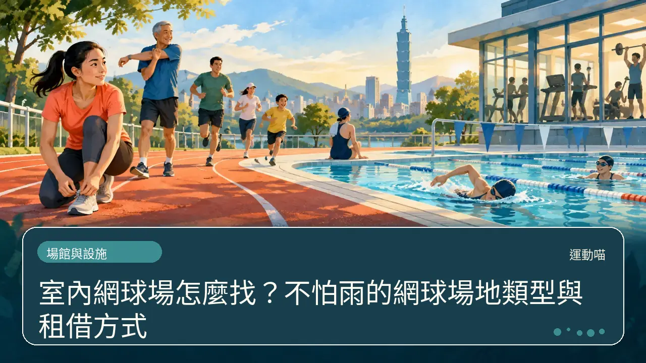 室內網球場怎麼找？不怕雨的網球場地類型與租借方式主題插畫