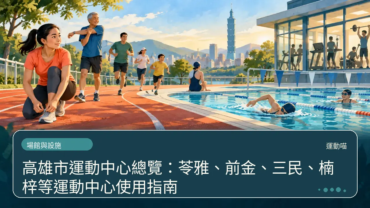 高雄市運動中心總覽：苓雅、前金、三民、楠梓等運動中心使用指南主題插畫