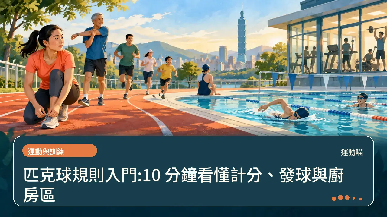匹克球規則入門:10 分鐘看懂計分、發球與廚房區主題插畫