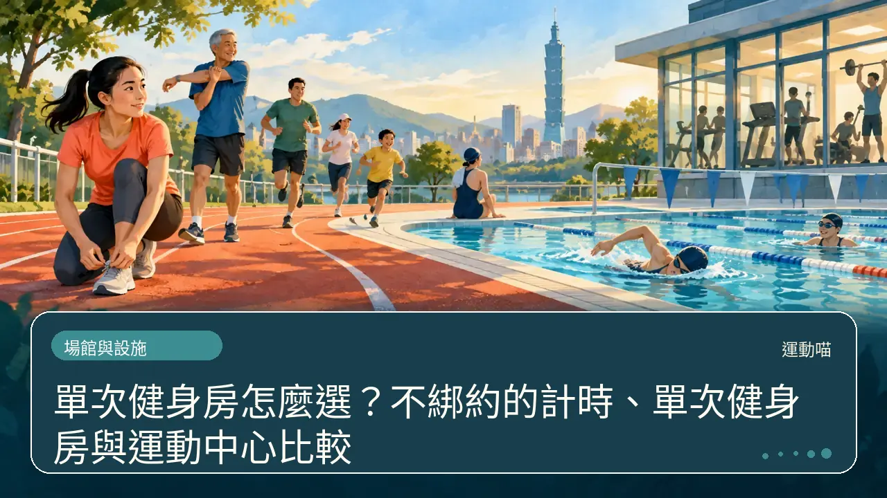 單次健身房怎麼選？不綁約的計時、單次健身房與運動中心比較主題插畫