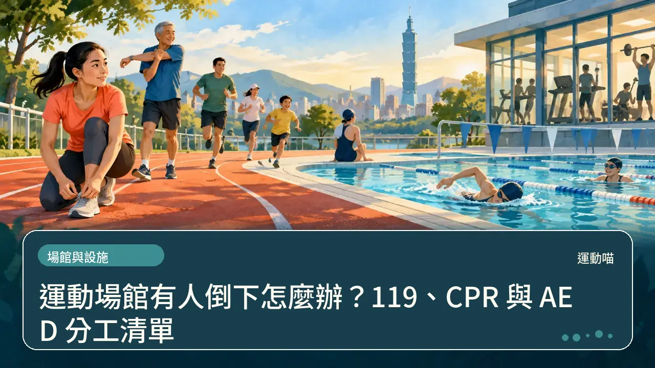 運動場館有人倒下怎麼辦？119、CPR 與 AED 分工清單主題插畫