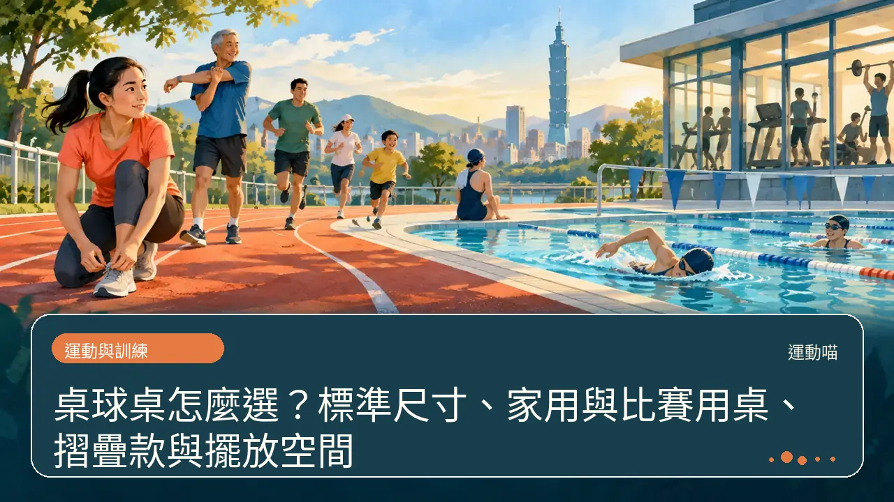 桌球桌怎麼選？標準尺寸、家用與比賽用桌、摺疊款與擺放空間主題插畫