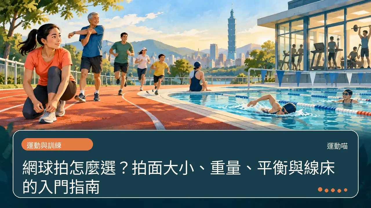 網球拍怎麼選？拍面大小、重量、平衡與線床的入門指南主題插畫