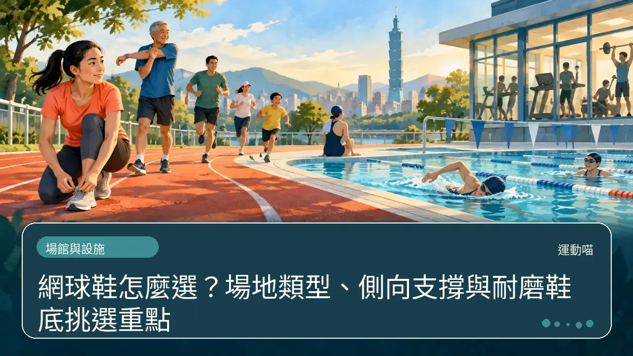 網球鞋怎麼選？場地類型、側向支撐與耐磨鞋底挑選重點主題插畫