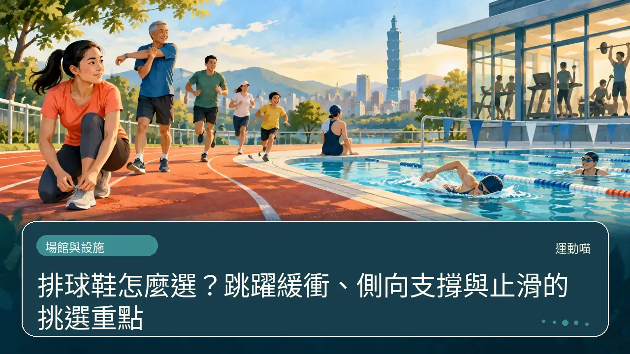 排球鞋怎麼選？跳躍緩衝、側向支撐與止滑的挑選重點主題插畫