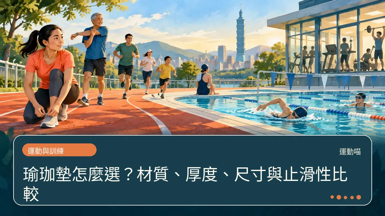 瑜珈墊怎麼選?材質、厚度、尺寸與止滑性比較主題插畫